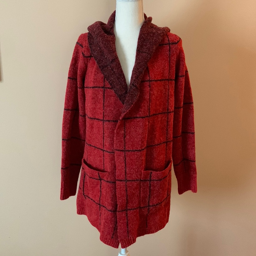 Red and black sweater cardigan with hood